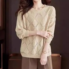 Women Knitted Sweater Jumper Round Neck Long Sleeve Hollow Out Pullover Tops