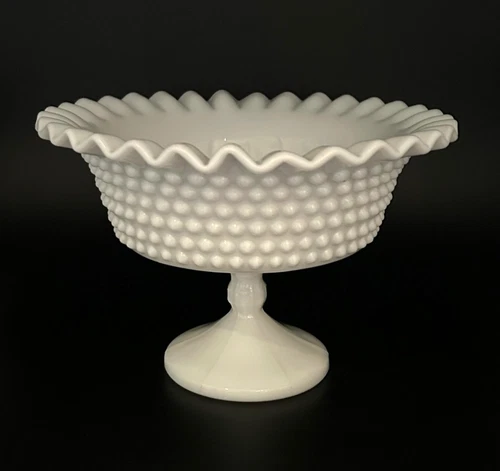 VTG Fenton Hobnail Milk Glass Compote Candy Dish Bowl w/ Crimped Edge ~ 8" Dia