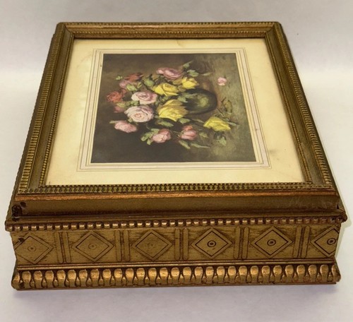 Jewelry Dresser Box Table Decor Floral Art & Glass Top Mirrored Lid Regency Gold - Picture 21 of 24