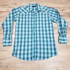 Panhandle Slim Shirt Mens Medium Blue Plaid Long Sleeve Pearl Snap Western