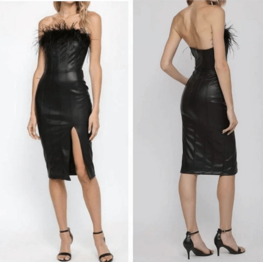 NEW FATE No Competition Here Faux Leather Feather Trim Dress in Black Sz S