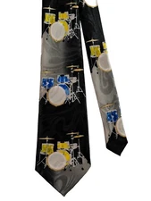 Drum Set Band Music Tie Black Polyester Necktie by Steven Harris Handmade 58 x 4