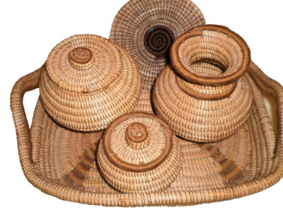 7 items Collectible Native American Handmade Coiled Grass Basket display