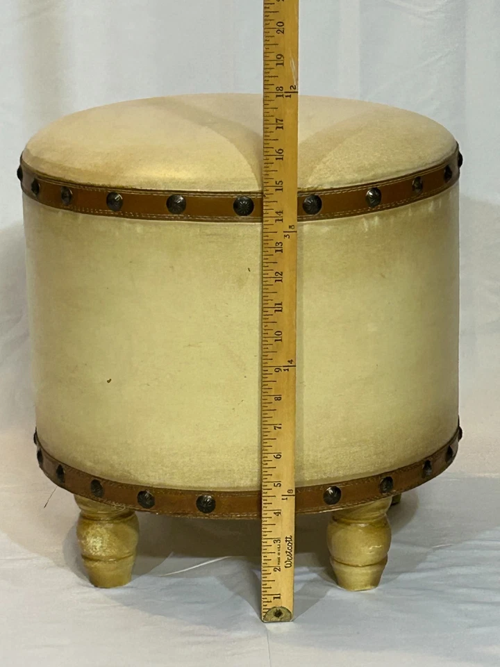 Taburete de pie circular vintage vinilo importado 15" alto 15" diámetro beige y marrón Foto 3 de 4