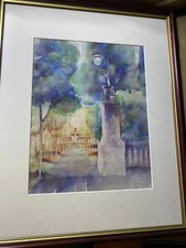 "City Park Entrance And Landscape Scene" Watercolor Painting - Framed