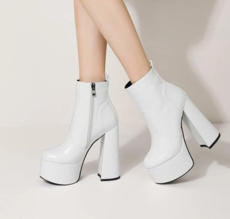 Womens Punk Block High Heels Platform Ankle Boots Round Toe Zipper Fashion Party