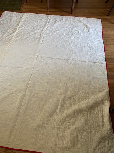 Fantastica Trapunta Vintage Blocco Nove Patch Cucita a Mano Casale Rosa Rosso 77" x 89" - Foto 14 di 21
