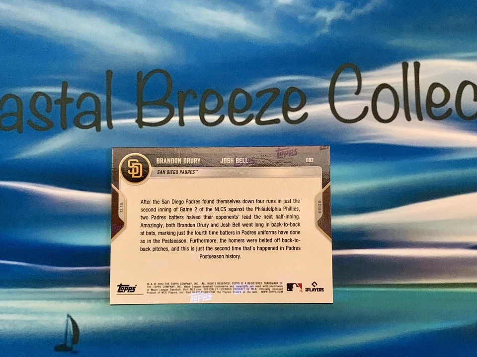 Tarjeta paralela púrpura 2022 Topps Now #1103 Brandon Drury & Josh Bell 20/25 NLCS Foto 2 de 3