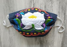Mexican Embroidered Floral Face Mask Handmade Denim Blue Face Cover