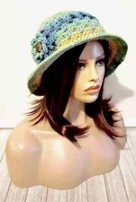 crochet handmade xl womans bucket hat brim sutherland stripe blue USA made
