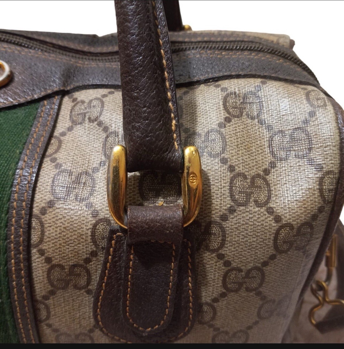 Auth Vintage GUCCI Sherry Line GG Red & Green Web Stripe Boston