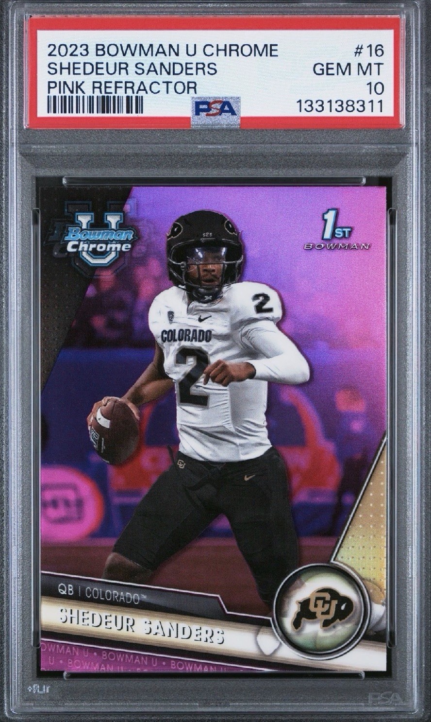 Shedeur Sanders 2023 Bowman University Chrome Pink Refractor #16 Rookie PSA 10