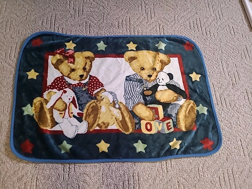 Blue Jean Teddy Bear Boy Girl Vintage Fleece Baby Blanket Lovey Springmaid 42x30 - Image 2 of 4