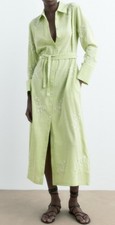 ZARA GREEN BELTED EMBROIDERED MIDAXI BEADED SHIRT DRESS SIZE M 2731/242 BNWT 