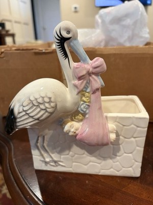 Vintage Stork Pink Bow Baby Planter