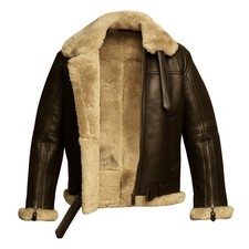 Men's Brown Genuine Leather Aviator Faux Shearling B3 Bomber Jacket