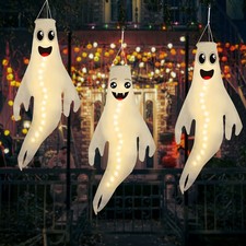3PCS 43 Inch Halloween Lighted Hanging Ghost Windsocks Hanging Decorations fo...