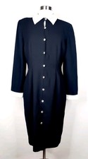 Talbots Vintage Black Dress Size 12 Wednesday Addams Style White Collar Cuffs