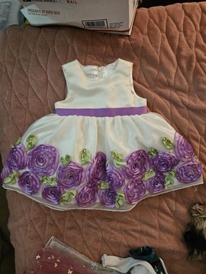 American Princess Satin/Lace Cream With Violet Roses Sleeveless Dress 9M Flaw