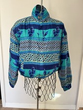 VTG FUDA Int  l 100 Silk Teal Bomber Jacket Size M Maximalist 80s Glam Leaf Dot