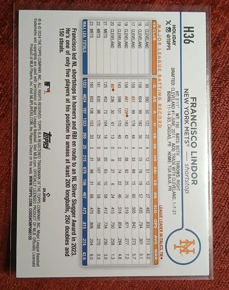 2024 Topps Holiday H36 Francisco Lindor Red Hat - Image 2 of 2