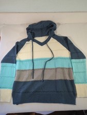 Striped Knit Hoodie Sweater Pullover Size Large Casual Soft Knit Hooded Top