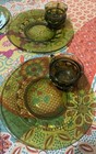 5 Indiana Glass Avocado Green Kings Crown Thumbprint Snack Plates & Cups — photo 3