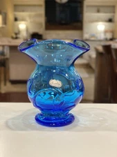 Vintage Rainbow Glass Co Art Glass Marine Blue Ruffled Vase Manganese Glows UV
