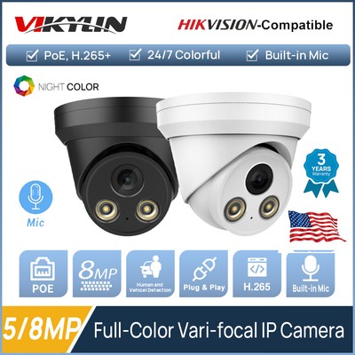 Hikvision Compatible 5MP 8MP POE Security Camera Full-color Built-in Mic H.265+