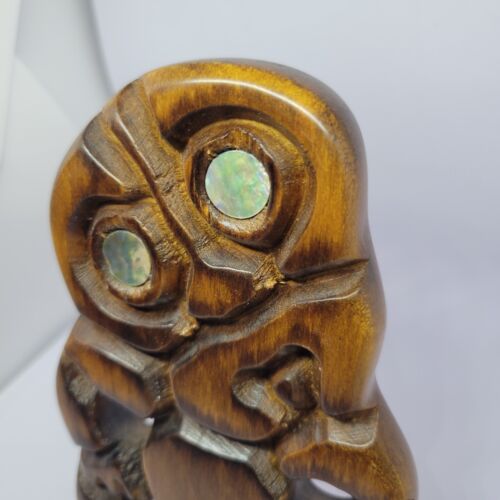 New Zealand Hand Carved Timber Wood Warrior PACIFIC TIKI Maori Vintage Shell Eye - Picture 3 of 11