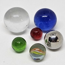 VTG GLASS MARBLES LOT OF 6 Assorted Sphere Red Clear Blue Metallic Green Cat Eye
