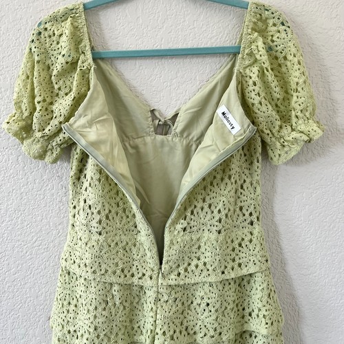 Womens Green Floral Eyelet Puff Sleeve Tiered Boho Cottage Mini Dress Xs - Picture 4 of 9