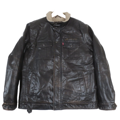 Levis Faux Leather Trucker Jacket Mens Large Brown Sherpa Lined Red Tab