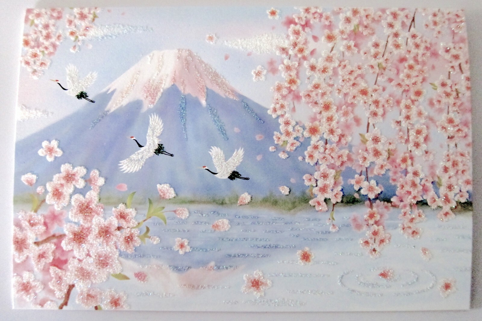 Japanese Import Greeting Card Light Blue Mt Fuji Cranes Watermarked Paper Insert