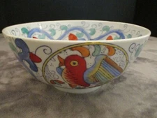 Vintage Chinese Bowl Multi Colored Bird Blue Green Swirls Heavy 7 7/8" Wide