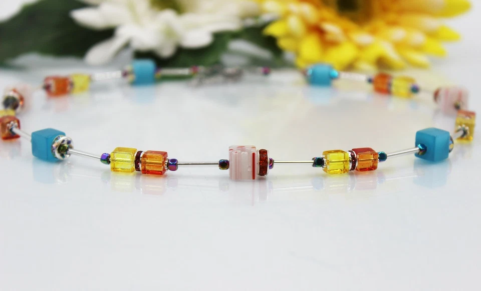 Würfelkette Perlen Halskette Millefiori Türkis Orange Gelb Strass Damen #M020 - Bild 4 von 4