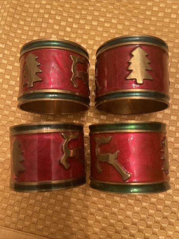 VINTAGE Set Of Four Brass & Enamel Christmas Napkin Rings Red/Green H3.5 W4.5cm 