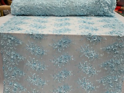 Sky Blue 3d Lace Embroidery Fabric by the Yard Quinceañera Bridal Beaded  Pearls