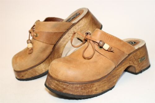 Candie's Vintage 90's Womens 8 M Leather Wooden Platform Mule Heeled Clogs Shoes - 第 1/12 張圖片