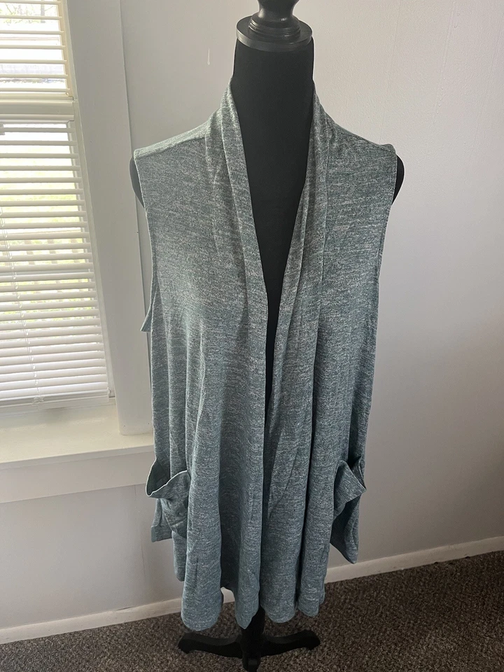 LOGO by Lori Goldstein Space Dye Knit Vest Satin Trim Sea Green 1X A285354 NEW - Image 2 of 4