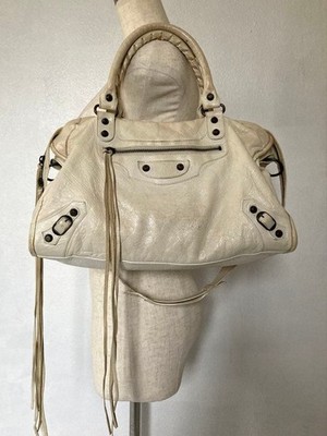 Balenciaga Classic City 115748 Ivory Off White Leather Shoulder Bag Y2K Auth