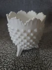 Vintage Fenton Milk Glass Hobnail Spikes Three FOOTED Egg Vase Scslloped Top