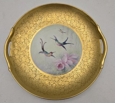 Pickard China Bird Hummingbird Orchid Handled Cake Plate Tray Etched Gold Trim