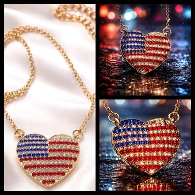 NEW PATRIOTIC FLAG HEART NECKLACE SILVERTONE OR GOLDTONE CRYSTALS FREE SHIPPING