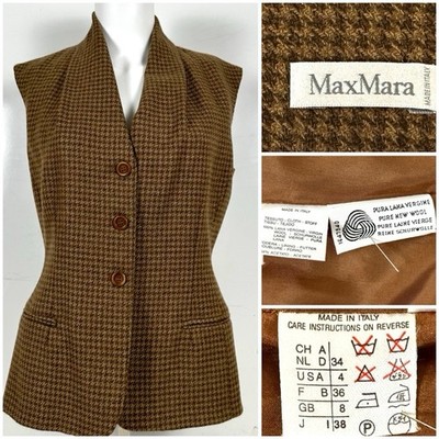  MaxMara houndstooth 100% Pure wool Brown vest Size 4 MADE IN ITALY 