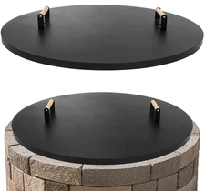 34" Round Fire Pit Lid - Metal Cover with Wooden Handles Rust Resistant