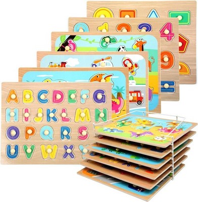 Toddler Puzzles and Rack Set, Wooden Peg Puzzles Bundle with Storage Holder Rack