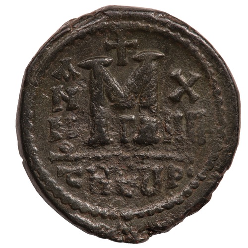 MONETA FOLLIS BIZANTINA DI MAURIZIO TIBERIO [Tessalonica] - Foto 2 di 2