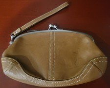 Coach saddle Brown Leather Writlet with Kiss-...