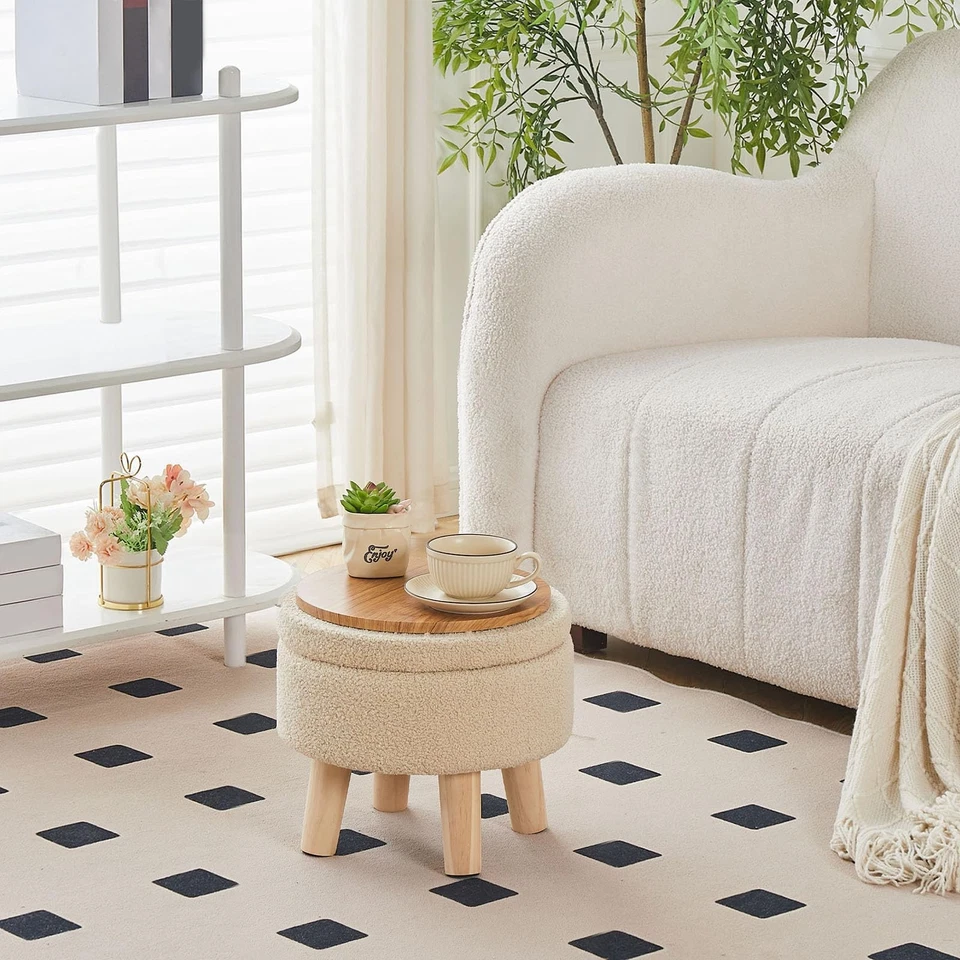 Storage Ottoman, Modern Round Footrest with Soft Padded Seat, Teddy Velvet Fo... - Image 2 of 4